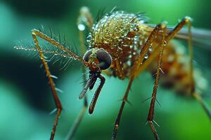 Macro Photography of Dew-Covered Mosquito on Green Background for Nature Studies photo