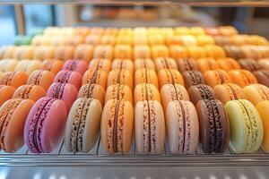 Vibrant Array of Colorful Macarons on Display in a Bakery for Culinary Delight photo