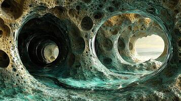 A cave with many holes and water photo