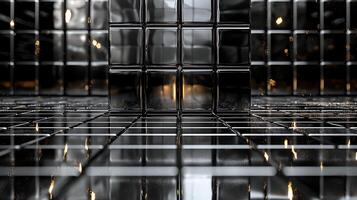 A black and white image of a room with many glass blocks photo
