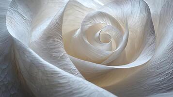 A close up of a white rose with a spiral pattern photo