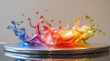 A colorful liquid splash is on top of a silver surface photo