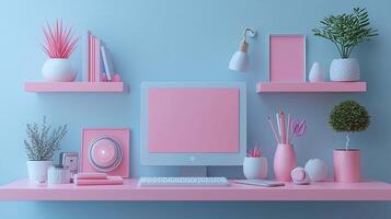 A pink computer desk with a pink shelf and a pink shelf photo