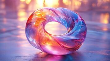 A colorful glass ring sitting on a table photo