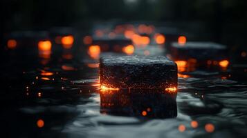 A group of blocks with fire on them in the water photo