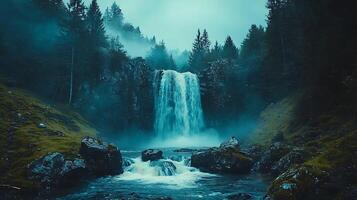 A waterfall in the forest with fog and trees photo