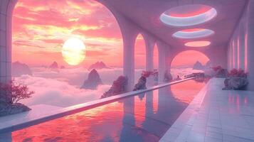 A pool in a building with a sunset in the sky photo