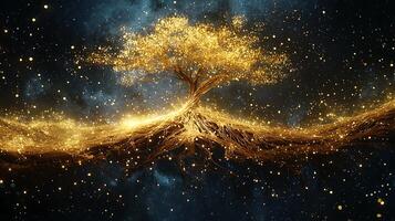 Golden tree with roots in the night sky photo