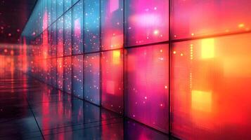 A colorful wall with lights and a red and blue background photo