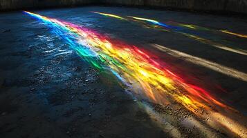 Rainbow light shining through the window of an abandoned building photo