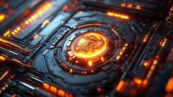 A close up of a computer chip with glowing orange light photo