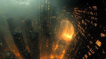 A city with tall buildings and lights photo
