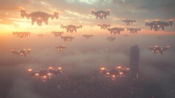 A group of flying automated drones in the sky photo