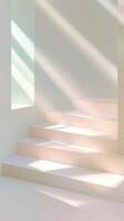 Bright sunlight background dramatic shadows across minimalist white staircase near window. Abstract casting photo