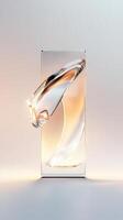 Crystal display light reflecting iridescent rainbow stands on glossy surface, creating contemporary minimalist visual composition. Abstract background photo