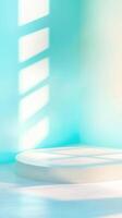 Empty glass podium palm with leaf casting shadow in turquoise room creating relaxing atmosphere for product placement. Abstract background photo