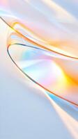 on display stands reflecting iridescent rainbow light Crystal glossy surface, creating contemporary minimalist visual composition. Abstract background photo