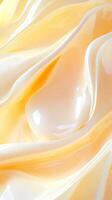 Yogurt streaming movement. silky texture, cascading dynamically on pale yellow surface, with elegant dairy revealing Abstract background photo