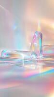 Crystal display stands reflecting light rainbow iridescent on glossy surface, creating contemporary minimalist visual composition. Abstract background photo