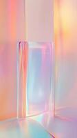 Empty glass display case with iridescent pastel a and light refractions creating colors modern and futuristic aesthetic. Abstract background photo