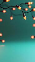 Warm light bulbs hanging against a green backdrop, evoking holiday festive a atmosphere. Abstract background photo