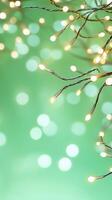Warm light bulbs hanging against green a backdrop, evoking a festive holiday atmosphere. Abstract background photo