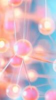 spheres, glass rods linking pastel Interconnected creating molecular network pattern with soft color gradient background. Abstract background photo