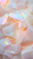 Crystal display stands reflecting iridescent rainbow light on glossy surface, creating contemporary minimalist visual composition. Abstract background photo