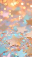 Glowing christmas stars and over shimmering confetti, radiating holiday warmth scattered festive cheer. Abstract background photo