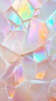 light display stands reflecting iridescent rainbow Crystal on glossy surface, creating contemporary minimalist visual composition. Abstract background photo