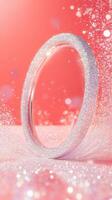 Glamorous oval crystals adorned with sparkling frame rests on a pink glitter background, catching falling glitter dust in a dreamy, luxurious scene. Abstract background photo