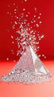 Abstract glitter christmas tree decoration sparkling on red background with bokeh effect, creating festive holiday atmosphere. Silver background photo