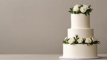 Delicious white three tiered wedding cake decorated with white flower roses is waiting for the newlyweds to cut it Copy space for text photo