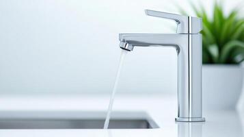 minimalist Clean water streaming from sleek chrome faucet, illuminating Fresh kitchen interior home design with crisp, contemporary aesthetic Copy space for text photo