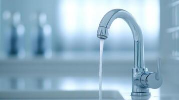 Clean water streaming from sleek chrome faucet, illuminating minimalist kitchen interior home design with crisp, contemporary aesthetic Copy space for text photo