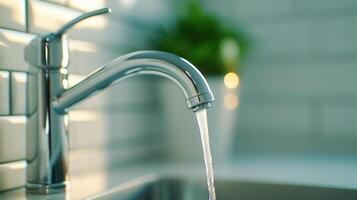 Clean water streaming from sleek chrome for illuminating minimalist kitchen design with crisp, contemporary aesthetic Copy faucet, space text photo