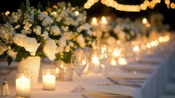 Round table is set for a wedding reception, featuring lighting, flowers centerpiece, elegant tableware with candles, and soft white creating a luxurious atmosphere indoors photo