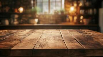 Sunlight illuminating empty wooden surface, soft kitchen inviting background offering minimalist staging for product display with warm, home ambiance photo