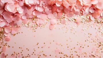 Rose or blush, and ivory confetti forming a celebratory pink background, perfect for party gold, festive design projects Copy space for text photo