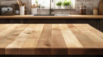 Sunlight illuminating mockup ambiance wooden surface, soft kitchen interior home blurred background offering minimalist staging for product display with warm, inviting empty photo