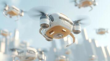 delivery logistics drones flying over a futuristic city, representing autonomous aerial transportation and advanced Modern photo