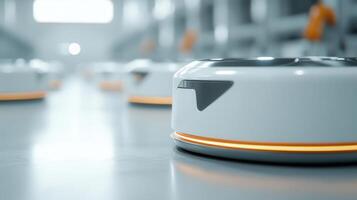 Automated guided vehicles transporting goods in a modern industrial factory, production logistics and optimizing processes photo