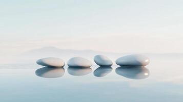 white pebbles reflecting on peace water surface with a blurred seascape in the background at sunset, evoke a sense of and a tranquility photo