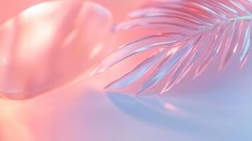 Glass tropical palm leaf casting shadow on transparent sphere near gradient pink blue background, forming minimalist abstract design photo