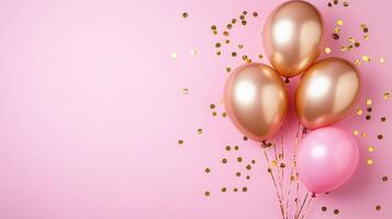 Airy against and gold balloons creating a festive atmosphere pink a solid pink background adorned with scattered confetti photo