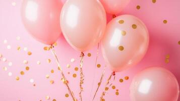 Airy pink and gold balloons creating a festive atmosphere against a solid pink background adorned with scattered confetti photo
