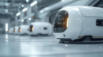 Delivery robots navigating sleek underground tunnel, blue by lighting, powered representing cutting edge automated logistics technology photo