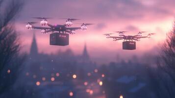 futuristic delivery drones flying over a Modern city, representing autonomous aerial transportation and advanced logistics photo