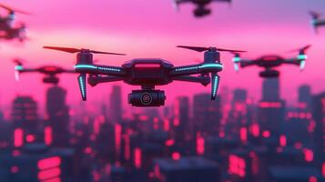 Modern delivery advanced flying over a futuristic city, representing autonomous aerial transportation and drones logistics photo