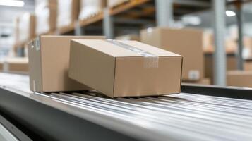 and boxes sliding along warehouse conveyor, showcasing automated logistics Cardboard efficient shipping workflow photo